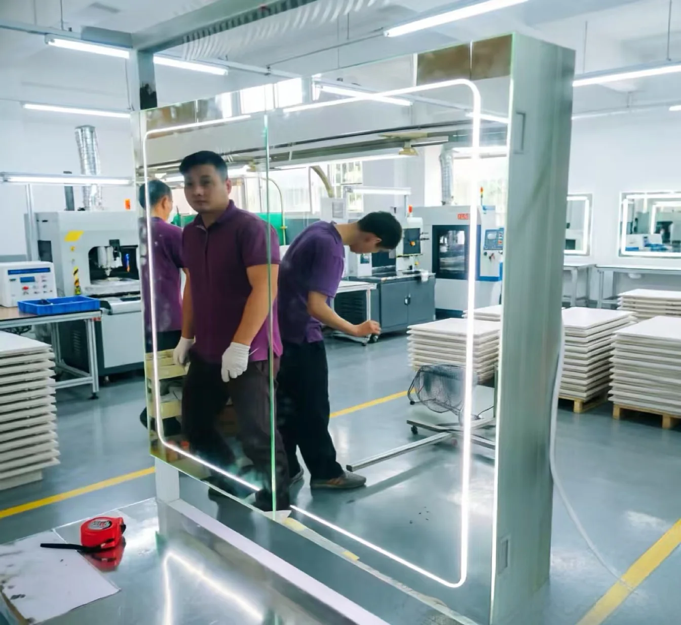 Workshop assembly for illuminated bathroom mirrors and mirror cabinets