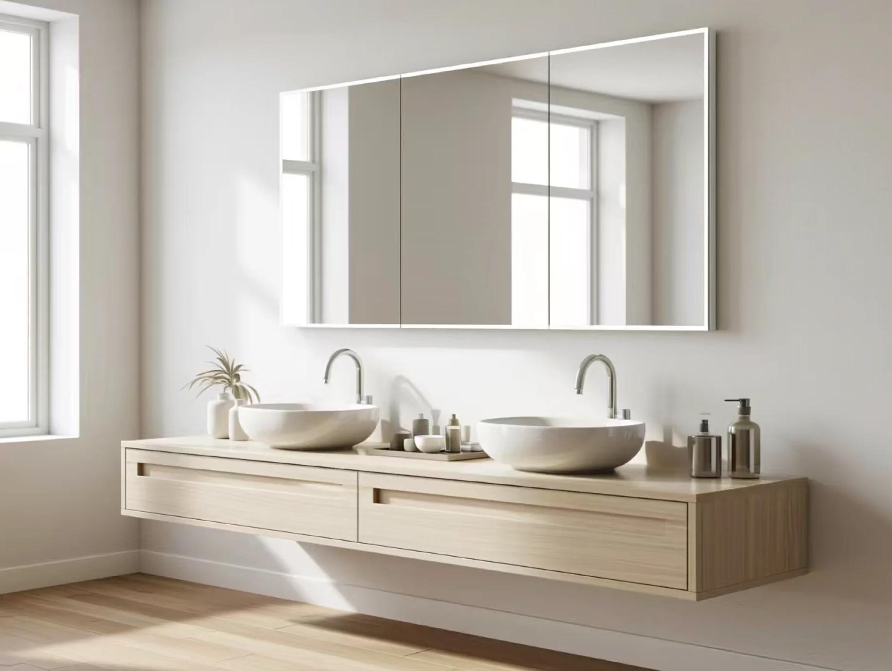 Backlit illuminated bathroom mirror above a stone vanity in a minimalist luxury bathroom